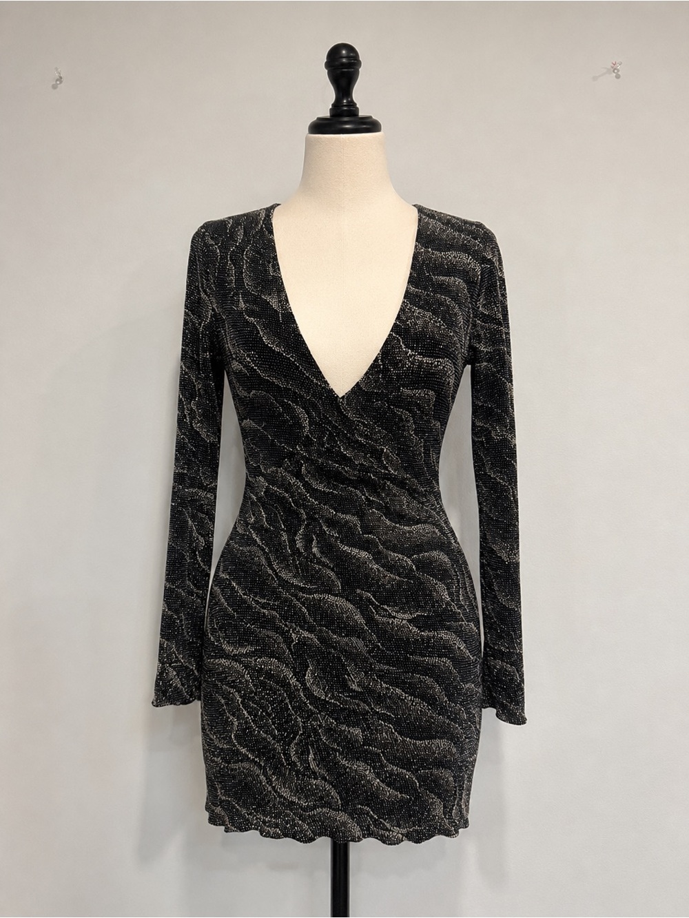 Eclipse Black Metallic Long Sleeve V-Neck Bodycon Dress